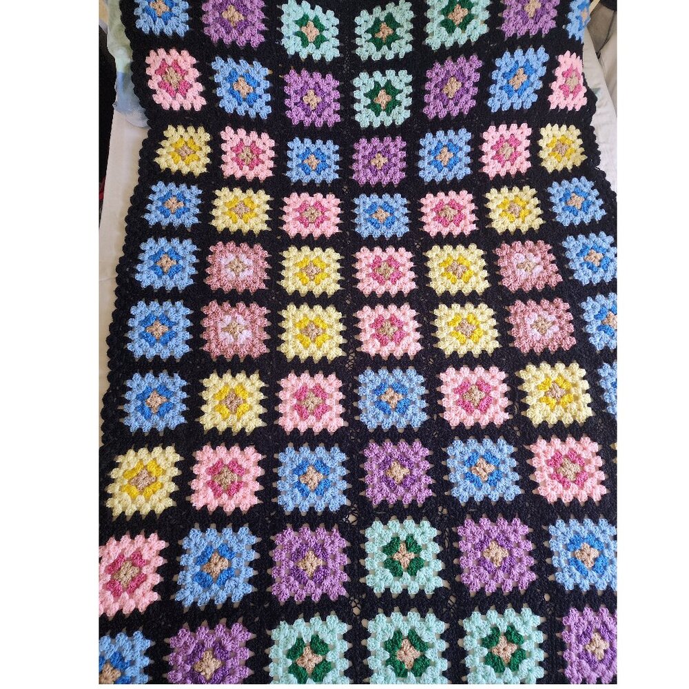 Vintage Handmade Crocheted Afghan Blanket Square Design Grannycore 68" By 51"